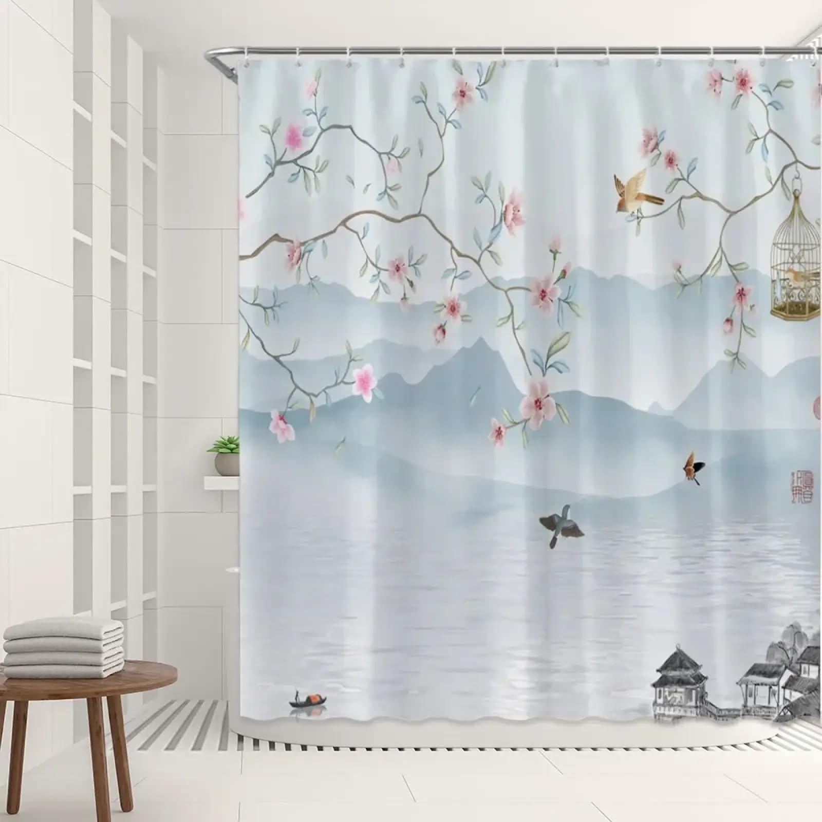 Rideau de bain esthétique encre chinoise, textile premium pour salle de bain élégante