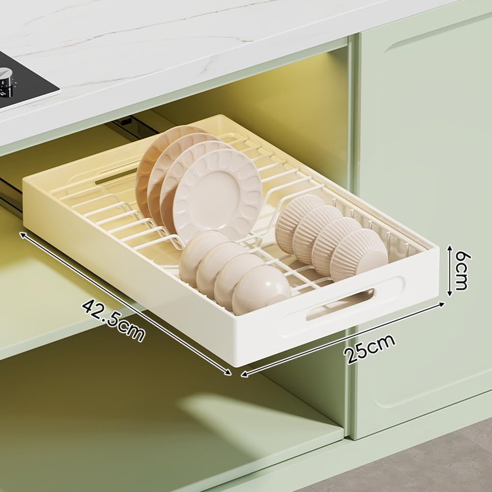 Ausziehbares Edelstahl-Tellerregal, leichtgängiges herausziehbares Abtropfgestell mit selbstklebender Installation, Küchenorganisation, Weiß