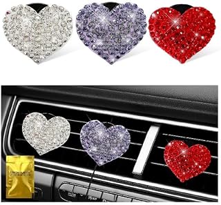 3 PCS Bling Car Air Vent Clips, Crystal Heart Shaped Auto Air Conditioning Outlet Clip, Rhinestone Air Freshener for Women Girls, Sparkly Vehicle Interior Decor Accessories(Red+Purple+White)