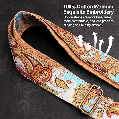 Image of Nefelibata Guitar Strap,Crazy Horse Leather Jacquard Embroidery Cotton Guitar Straps for Bass, Electric & Acoustic, Best Gifts for Guitarists(Golden Silk Blue Flowers)