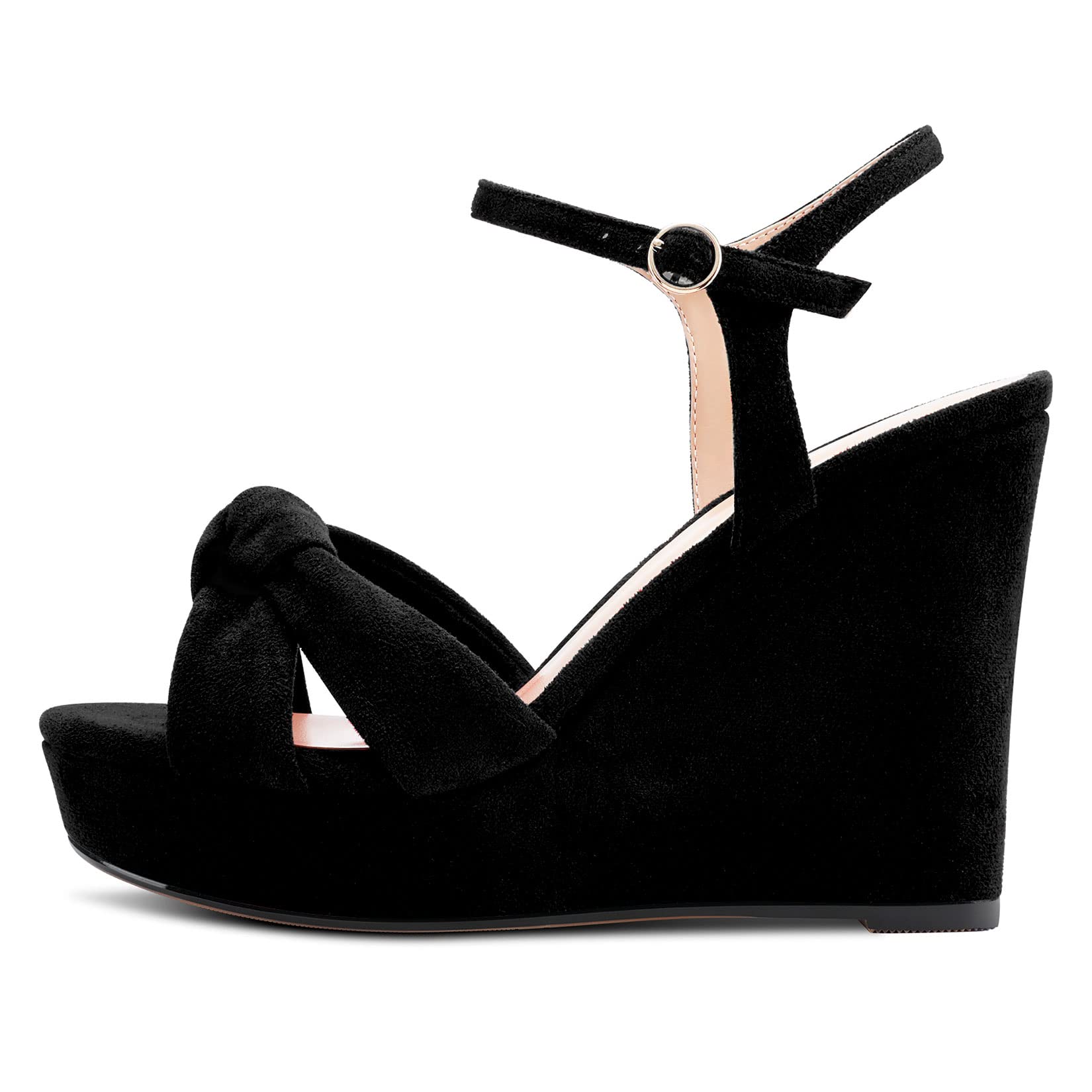 NobleOnly Mujer Chunky Ancho Alto cuña esparto Plataforma Abierta Punta Sandalias Correa Tobillo Nudo Arco de Boda Oficina 10 CM Heels