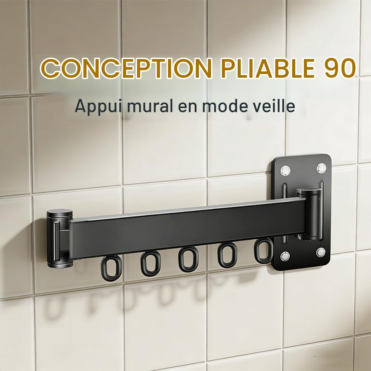 Étendoir à Linge Mural Pliable et rétractable de 128 cm, 3 étendoirs, Gain de Place, idéal pour balcons, salles de Bain et buanderies, Noir