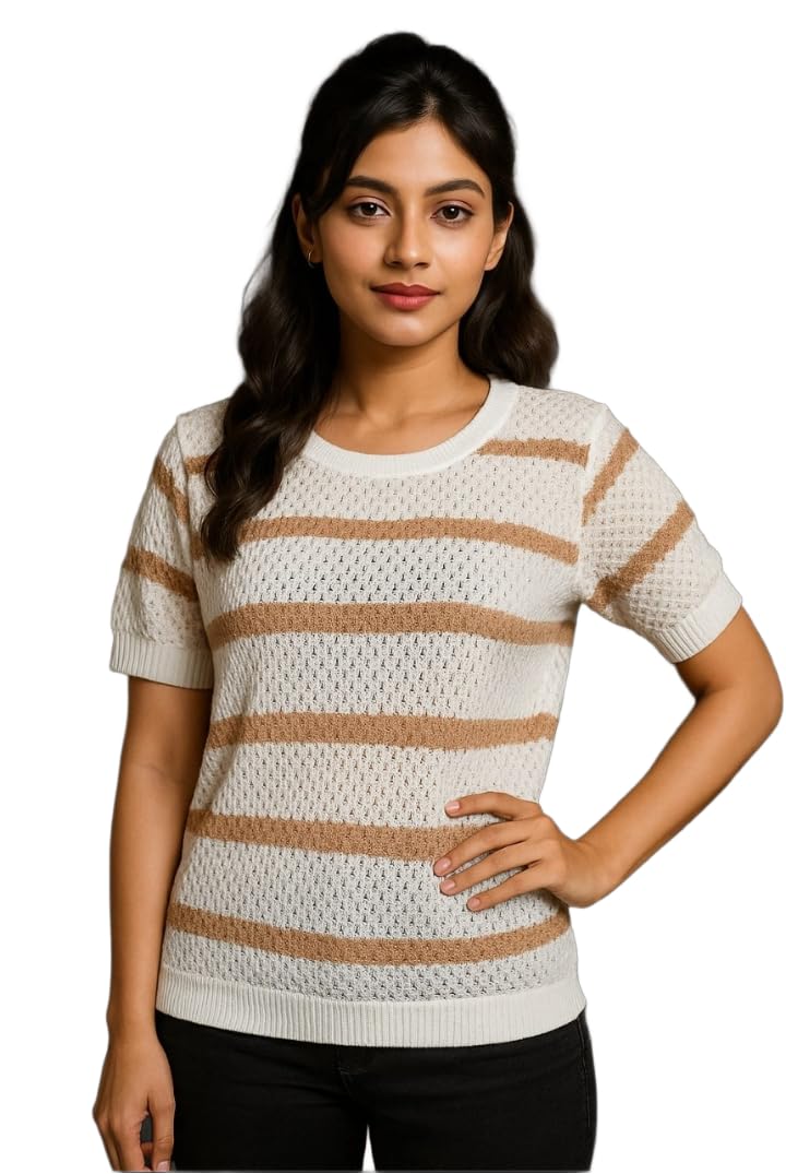 Women's Textured Knit Top, Short Sleeve Striped Sweater, White and Black Pattern, Crew Neck, Casual Wear-picture-50