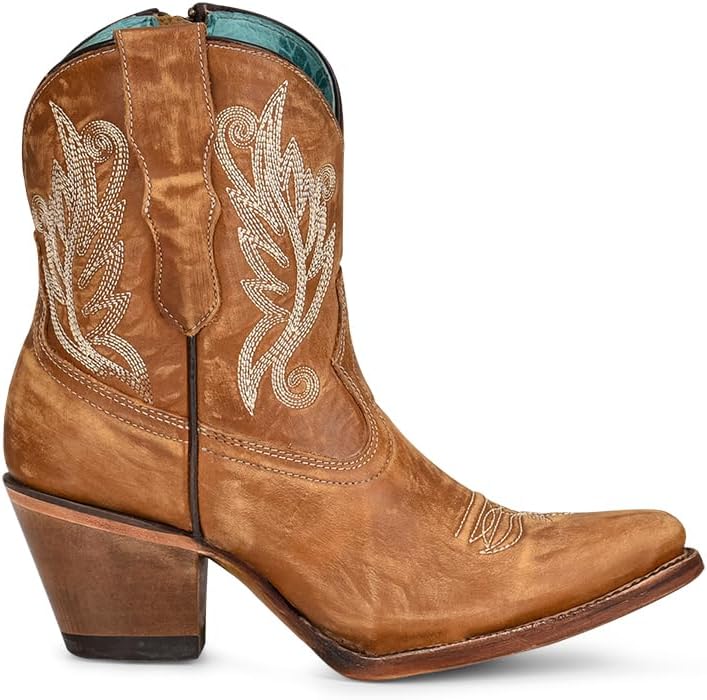 Corral Boots Women's Tan Handcrafted Western Boots | J Toe Ankle Boots with Distressed Leather and White Embroidery Design