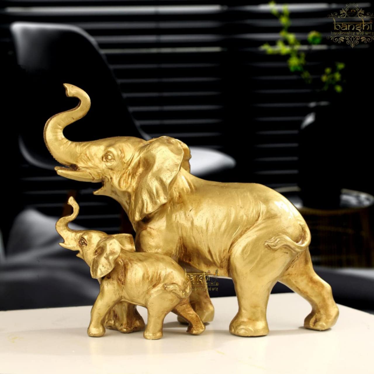 8" Golden Elephant Showpiece with Baby Elephant Home Decoration for Home & Living Room