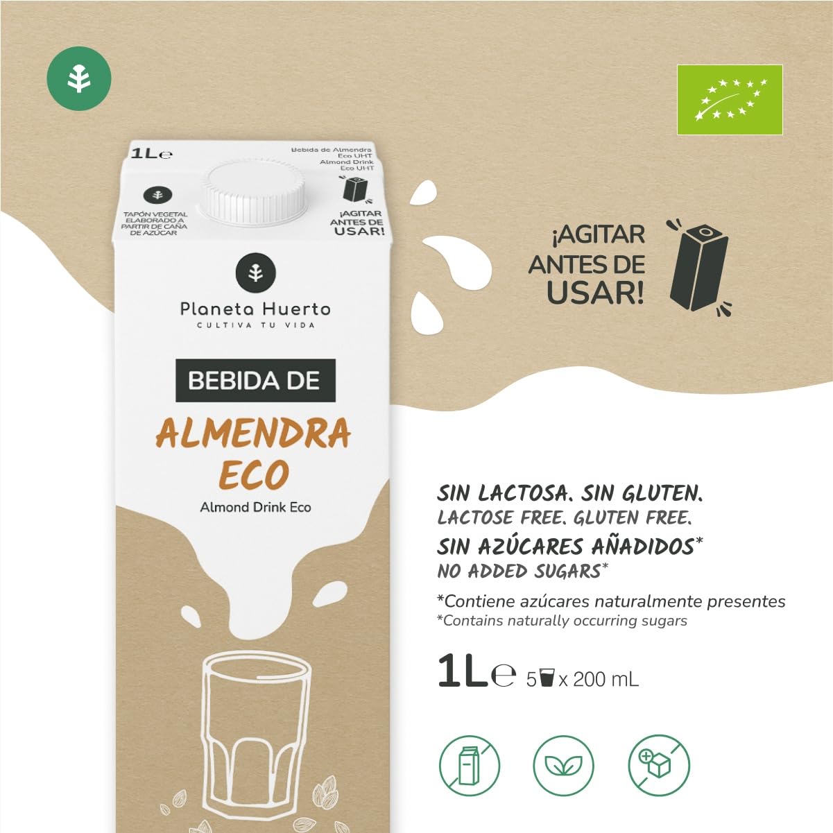 PLANETA HUERTO | Pack 6x Bebida de Almendra Ecológica 1L, 100% Vegetal, Sin Lactosa, Con Grasas Saludables, Fuente de Fibra - Bebida de Avena Ideal para Veganos, Desayunos, Batidos y Cocina Natural