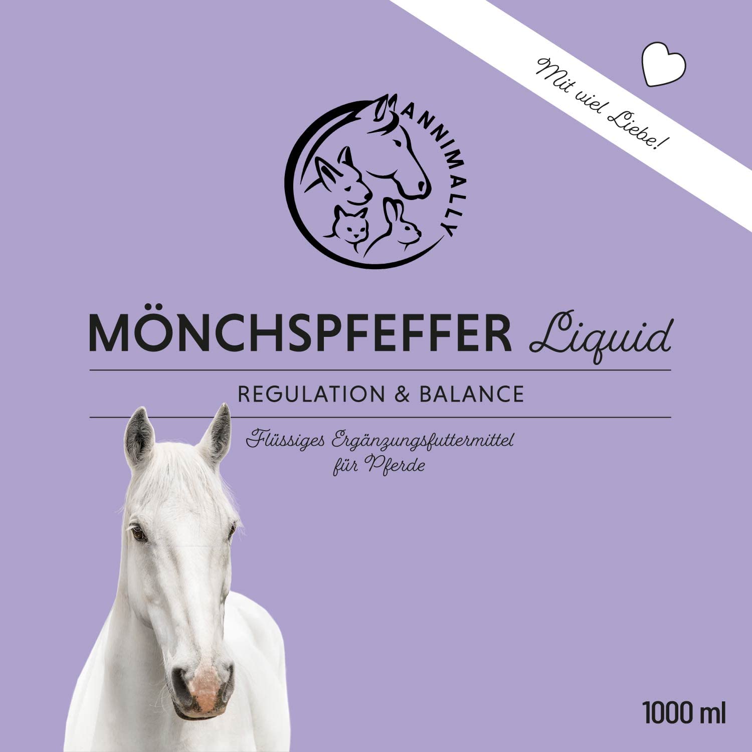 Annimally Mönchspfeffer Pferd Liquid - 1000ml mit Ashwagandha, Magnesium, Süßholzwurzel flüssig - Bei hormonell bedingter Unruhe oder Rosseverhalten beim Pferd - Mönchspfeffer für Pferde