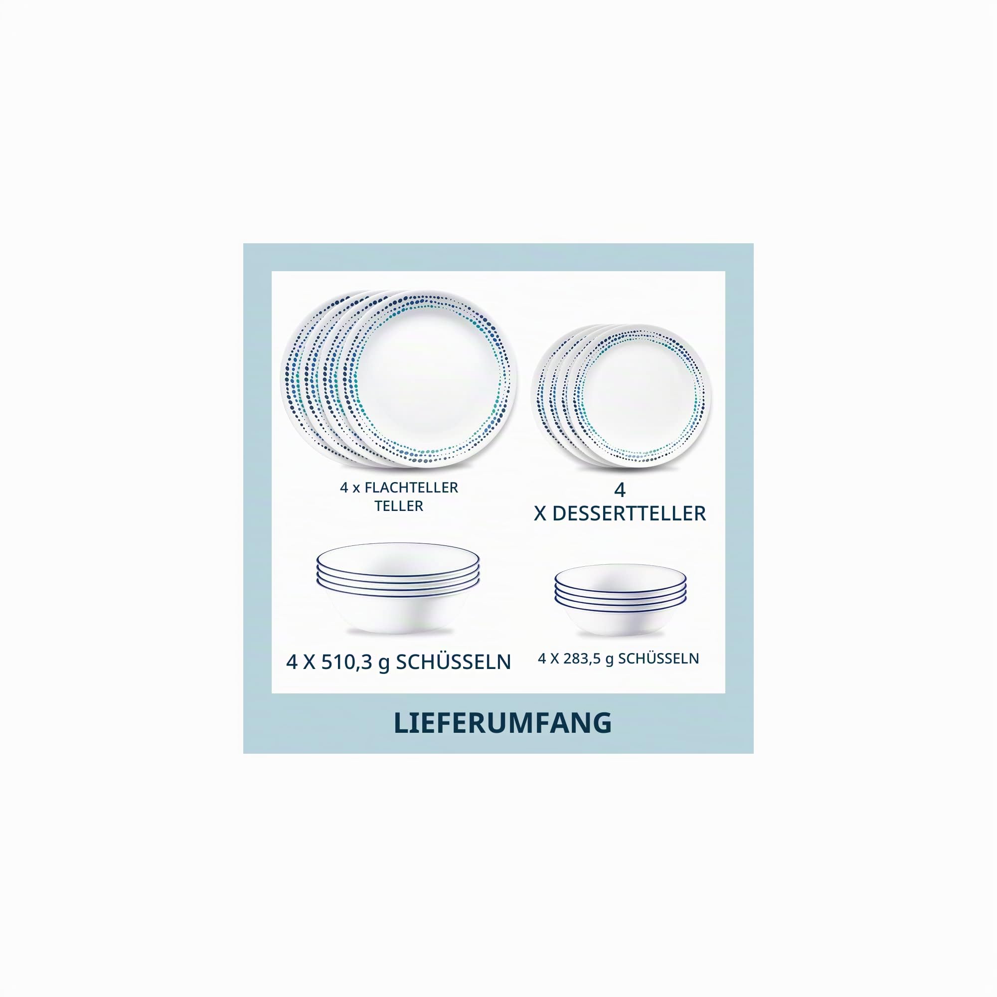 Corelle Ocean Blues 16-teilig, Service für 4, Geschirr-Set, 8 Teller, 8 Schüsseln, splitter- und bruchfest, Speiseteller und Speiseteller, Corelleware Teller, Weiß