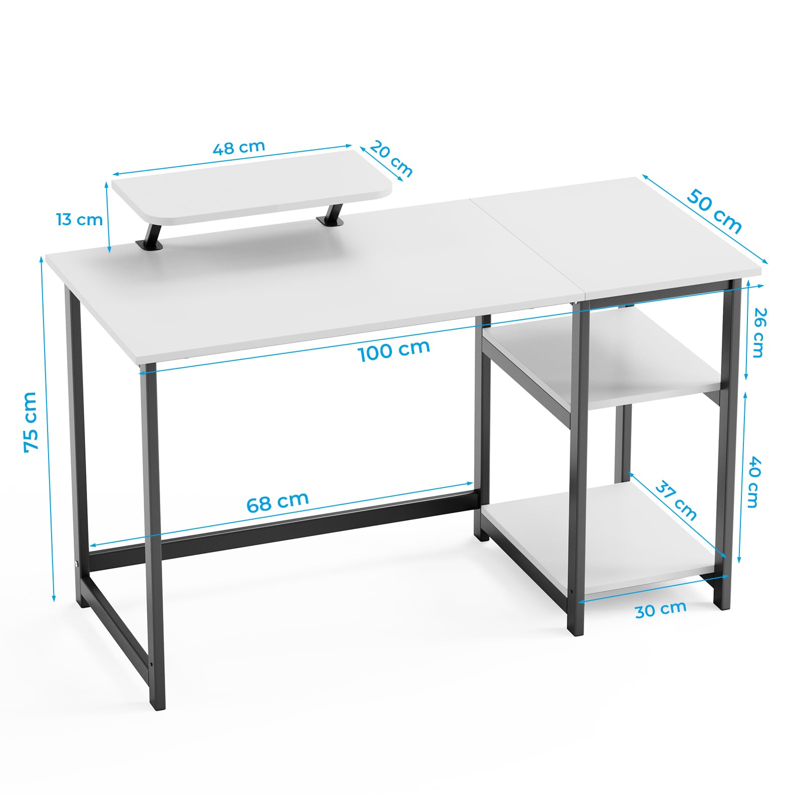 GreenForest Computer Home Office Schreibtisch mit reversiblen Speicherregalen 100cm Kleiner mit justierbaren Regalen für kleine Räume,Schlafzimmer,Student, moderner PC Laptop Tisch,weiß