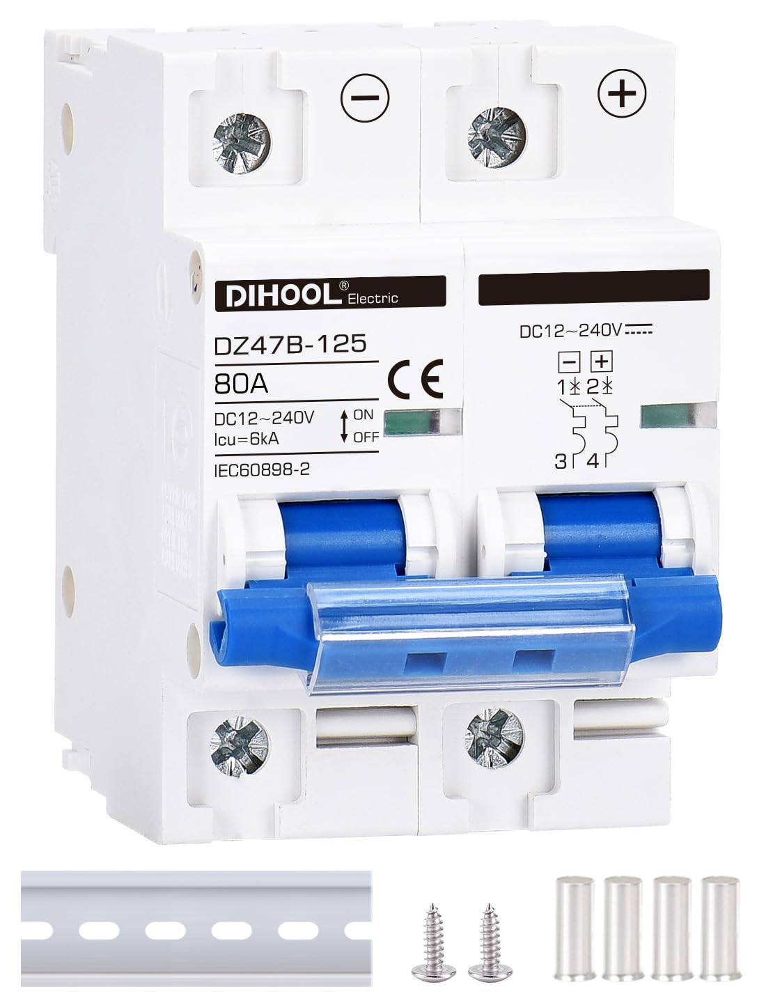 DC Circuit Breaker dz47 2P 80Amp 12V 24V 36V 48V DC MCB Short Circuit Protection Disconnect Switch Isolator for Solar Panel Battery UPS Inverter Photovoltaic PV System