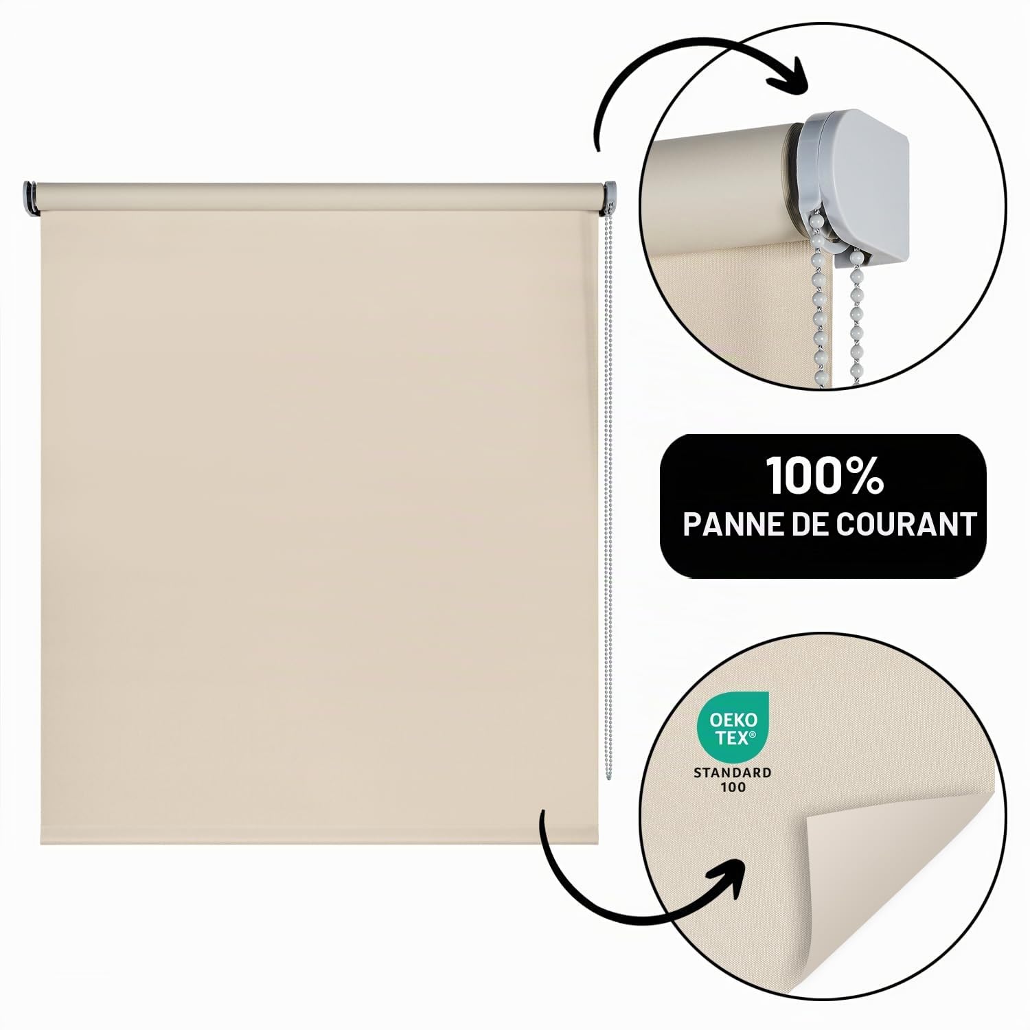 Store Enrouleur occultant pour fenêtres et Portes Rideau Opaque Isolant Thermique Blackout Installation Facile au Mur ou au Plafond STORESDECO Beige 200x250 cm Largeur Tissu 196,5 cm