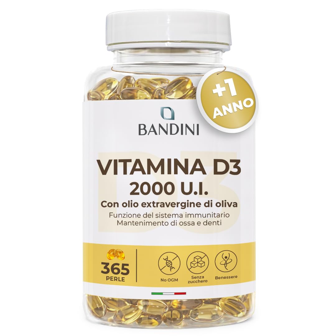 Bandini® Vitamina D3 2000 UI 365 Softgels, Alto Dosaggio 50μg, Vitamine D Colecalciferolo in perle, In Olio Extravergine di Oliva per Assorbimento Ottimale, Ossa, Denti, Muscoli, Sistema immunitario