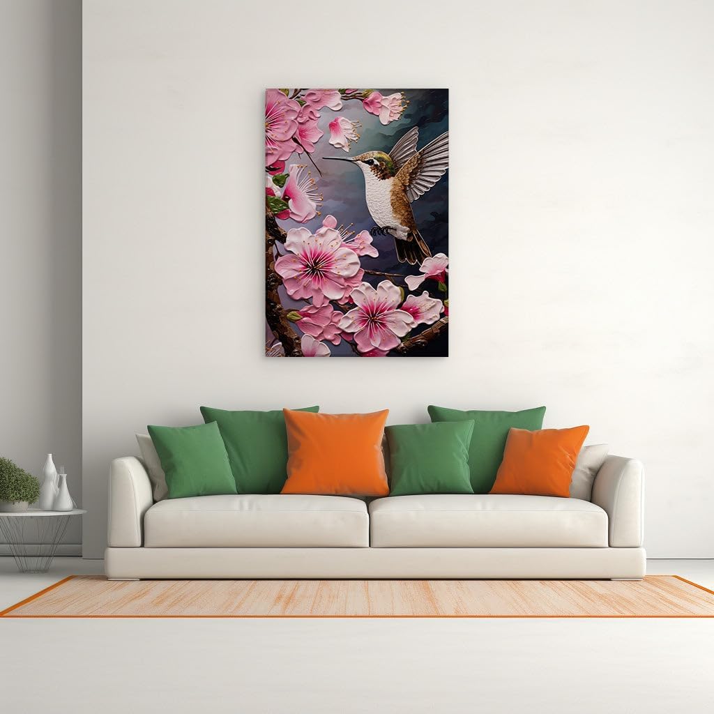 Canvas for Living room. Serenity in Motion: A Hummingbird's Dance Amongst Pink Blossoms Against a Tranquil Blue Gradient, 27 x 18 inch Canvas Wall Art - Contemporary Masterpieces - Nature Home Decor