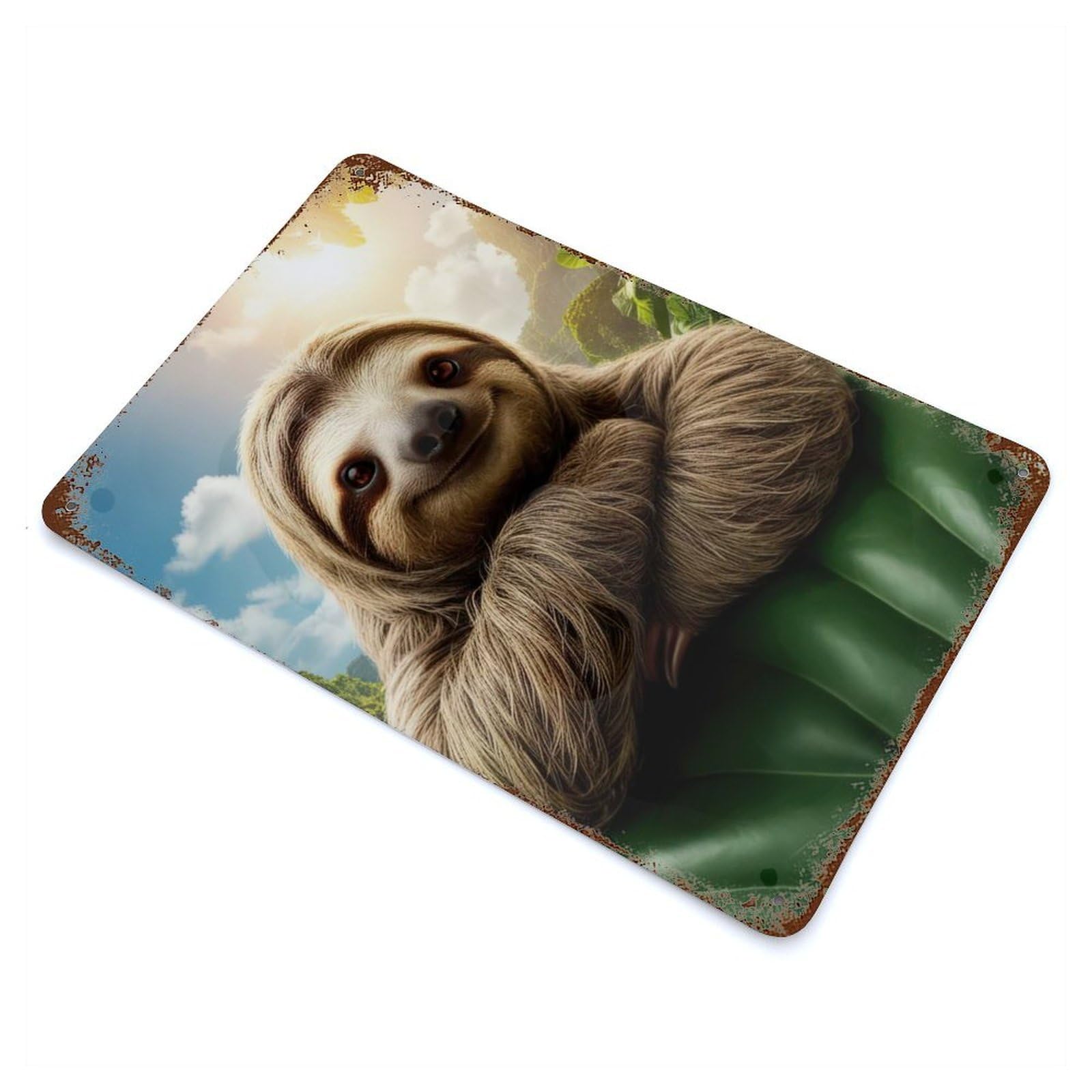 Smiling Sloth in Jungle, Nursery, Cute Animal Aged Metal Wall Plaque 11.8"x7.9", Farmhouse Wall Decor for Patio, Garden Room And Bar Decor