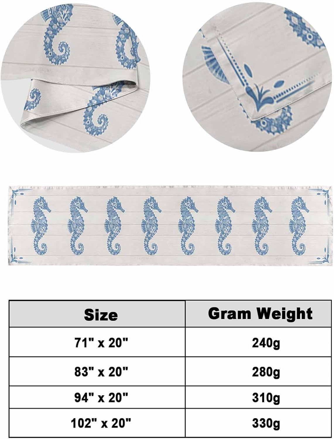 Blue Seahorse Bed Runners for Queen Size Beds, Decorative Bed Throws for Foot of Beds, Luxury Bedding Protector Slipcover Ocean Coastal Farmhouse Wooden Grain Bedrunners & Scarves for Hotel, 94"x20"