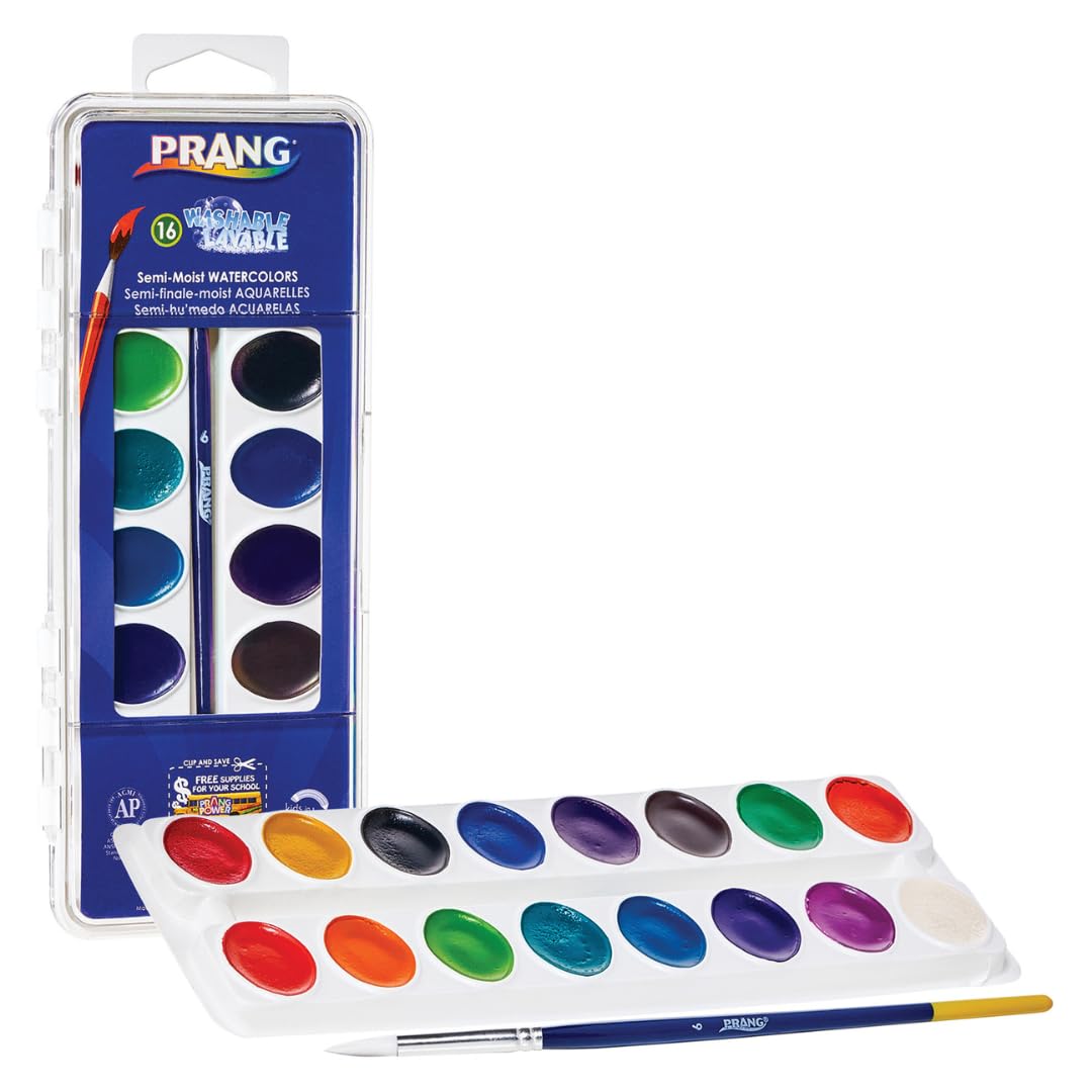 Prang Waschbare, halbfeuchte Aquarellfarben, oval, mit Pinsel der Größe 6, nicht nachfüllbar, 16 verschiedene Farben, 6 Stück
