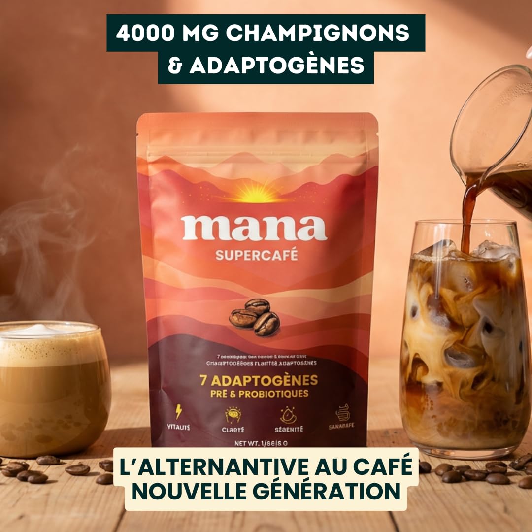 Café Adaptogène aux Champignons | Énergie sans Crash | Lion's Mane, Reishi, Ashwagandha, Cordyceps, Chaga, Rhodiola, Maca | Probiotiques | Poudre 216g 30 Doses | Mana Supercafé