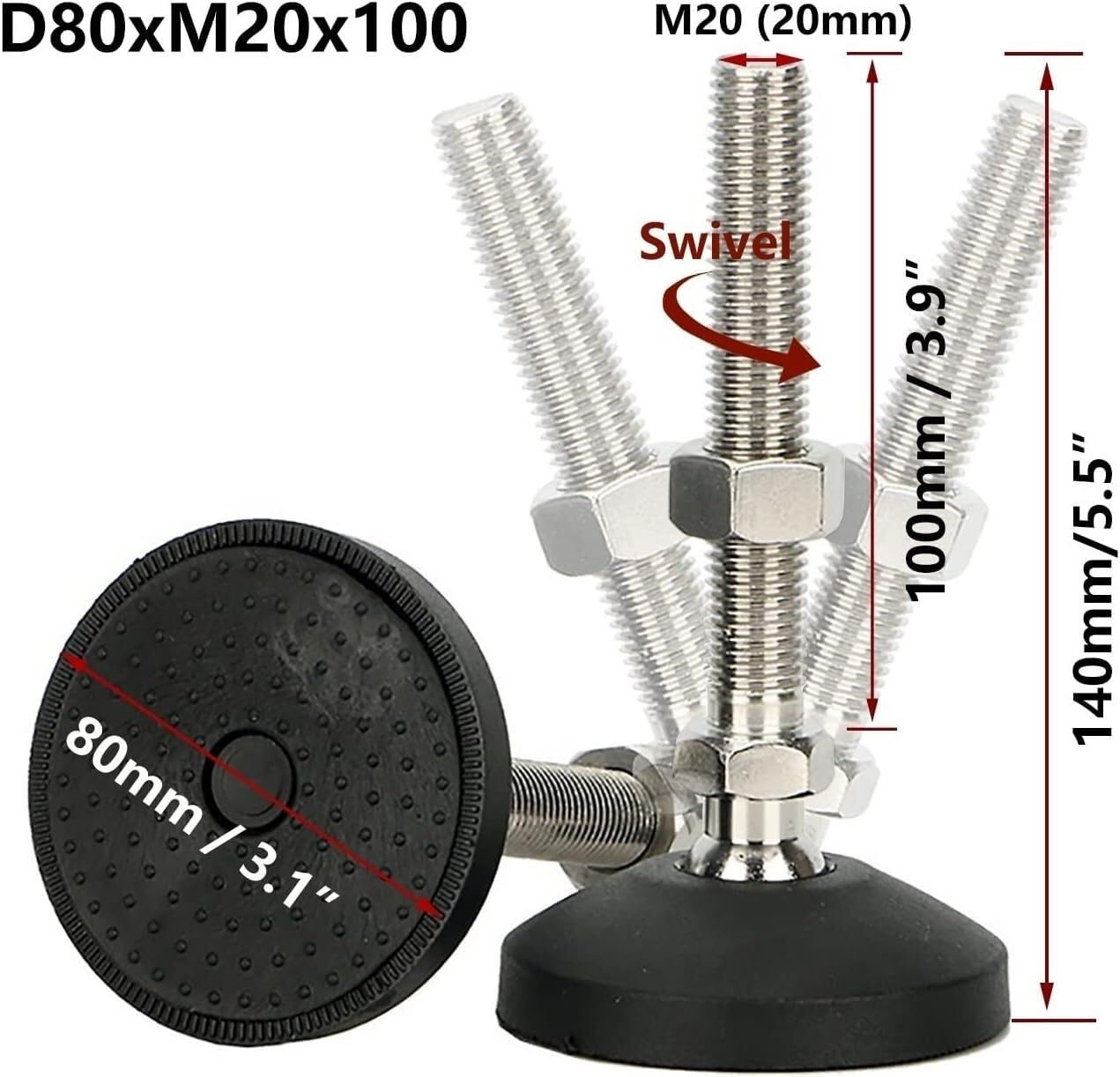 Niveladores de muebles: pie roscado ajustable de acero inoxidable con base de nailon duradera para una mayor estabilidad y apoyo