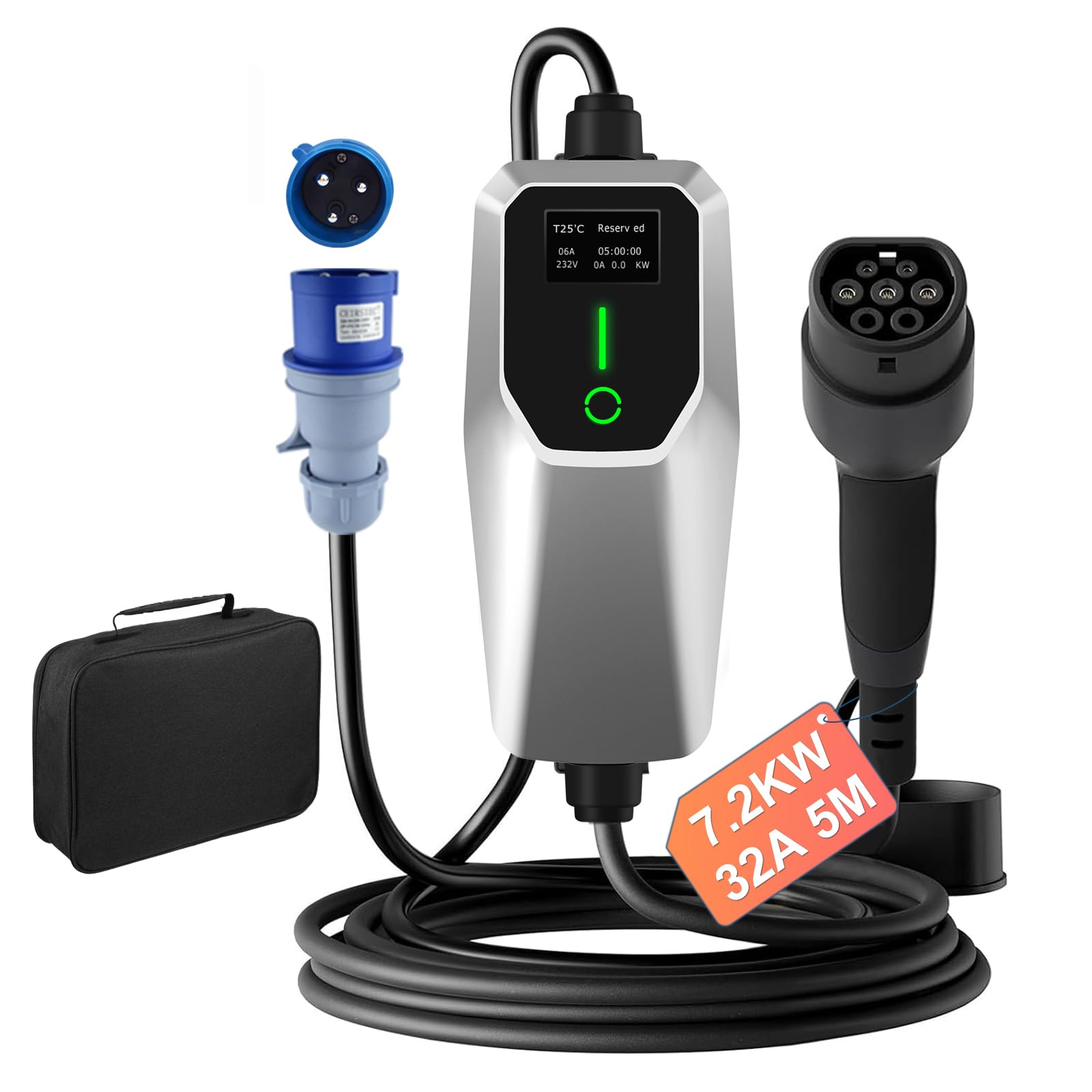 Cargador EV Tipo 2 Portátil de 7.2KW con Corriente Ajustable de 8A-32A, Estación de Carga para Vehículos Eléctricos, Compatible con Voltaje Doméstico de 250V, con Pantalla LED Digital y Bolsa