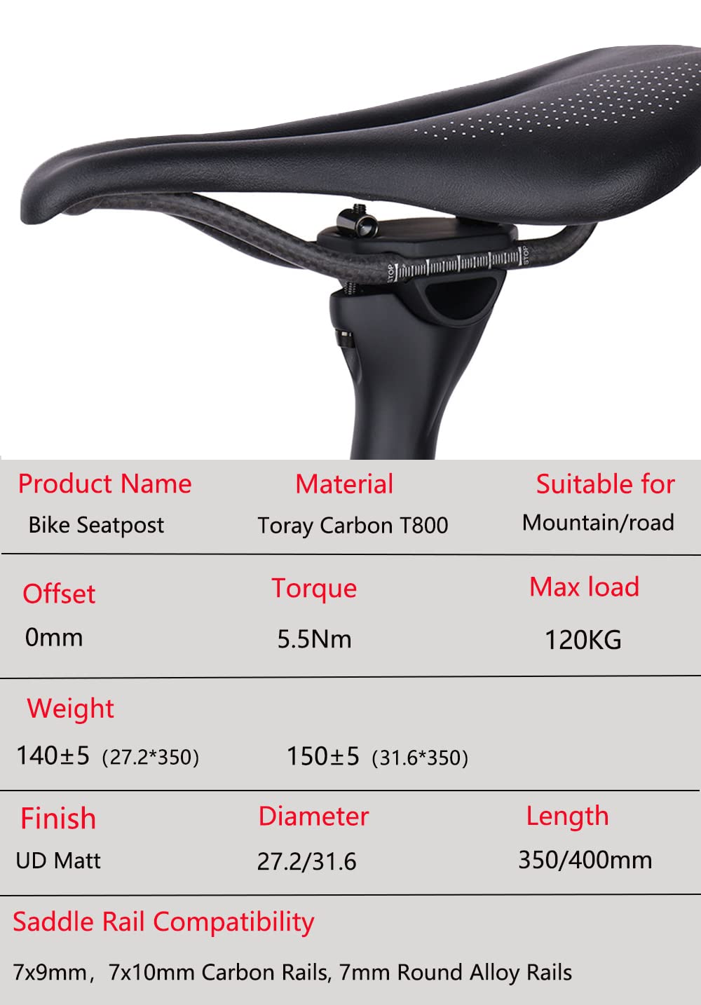 QIKU Carbon Fahrrad Sattelstützen MTB Sattelstütze/Rennrad Sattelstütze 27.2/31.6 * 350/400MM