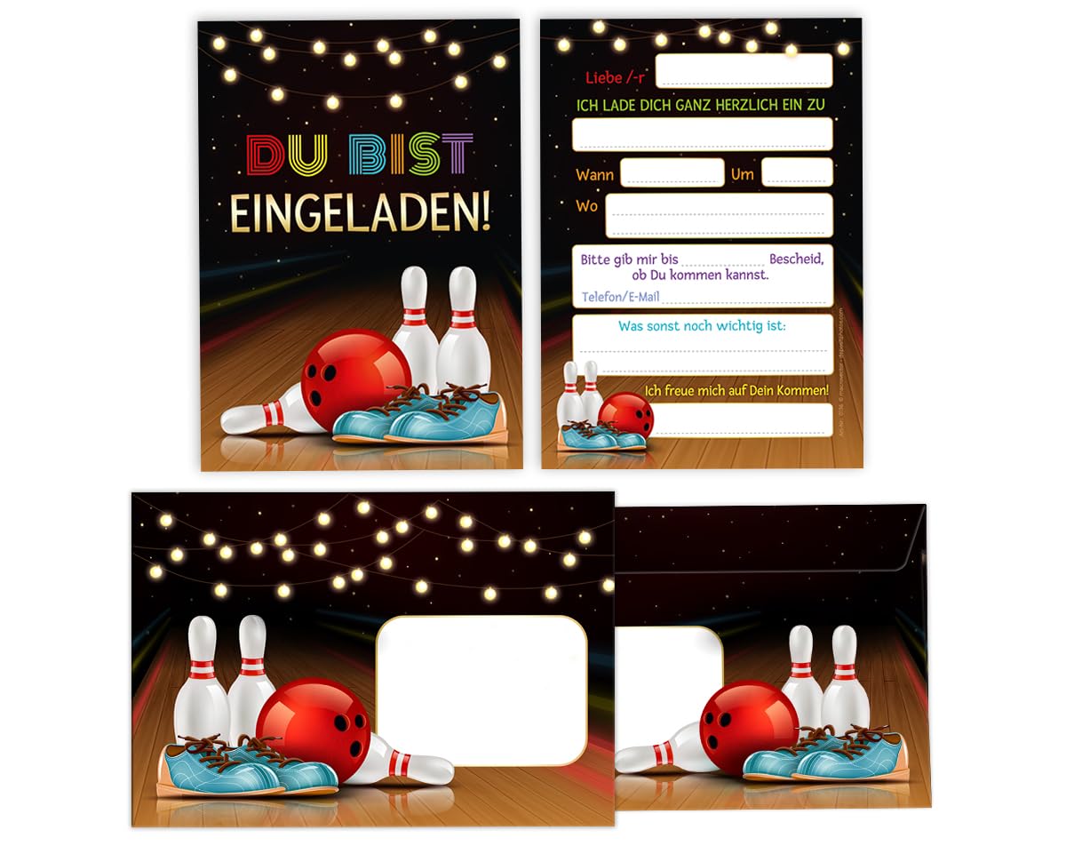Minkocards 12 Einladungskarten incl. 12 Umschläge Kindergeburtstag Bowling Kegeln Bowling-Party Jungen Mädchen Einladung Jungsgeburtstag Mädchengeburtstag