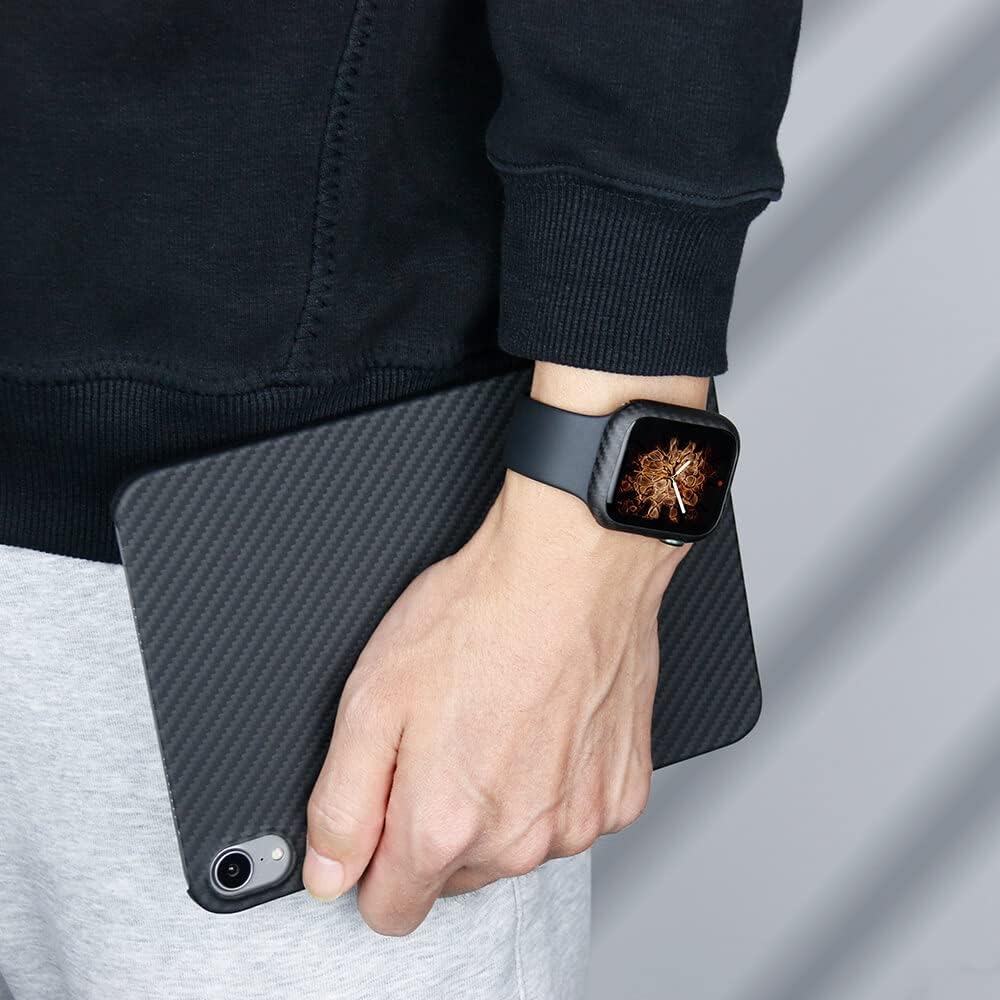 MONOCARBON Real Carbon Fiber Case for 45mm Apple Watch Series 7/8/9,Slim Anti-Scratch Hard Bumper for iwatch S 7/8/9,Military Grade Protective Cover for 45mm Apple Watch-Twill Matte Black