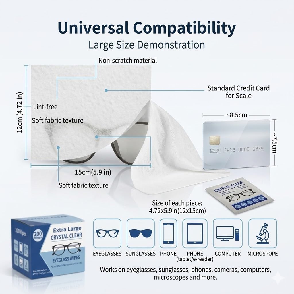Eyeglass Wipes – 200 Count Bulk Pack – Large Size (4.72" x 5.9") – Fresh Ocean Scent – Pre-Moistened Lens Cleaning Wipes for Glasses, Sunglasses, Cameras & Screens – Streak-Free