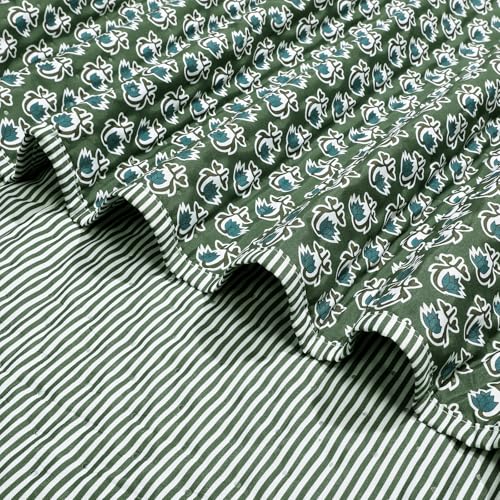 Hillsuren Block Print Quilted Basil Green Throw...