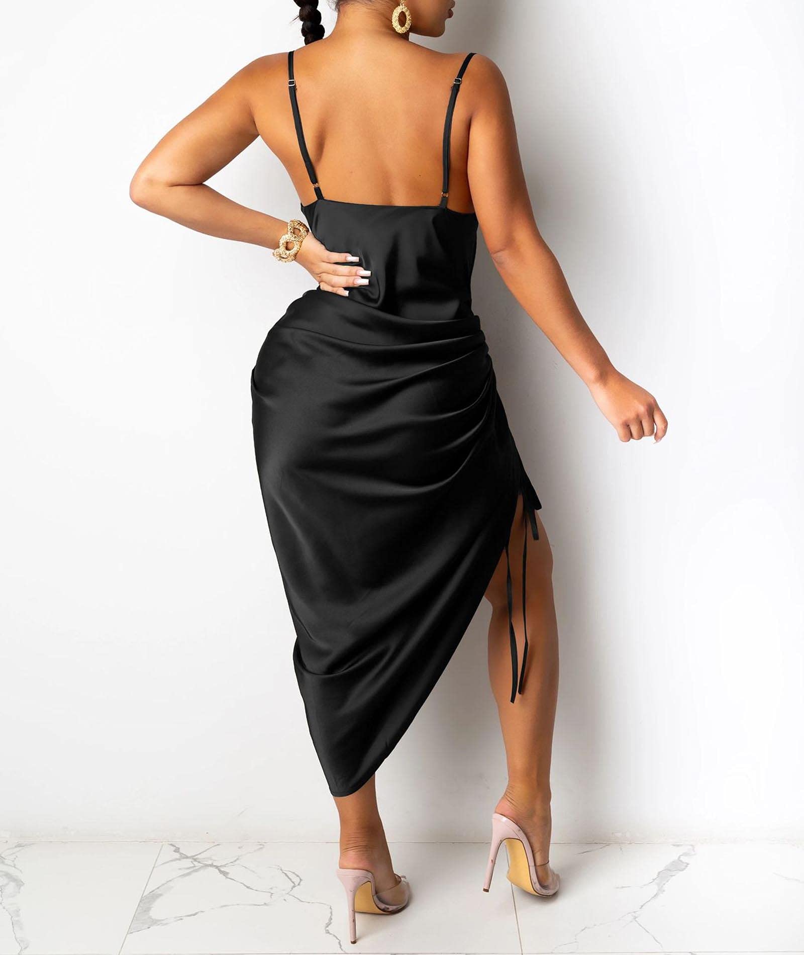 xxxiticat Women's Spaghetti Strap Satin Dress Sleeveless Cowl Neck Draped Slit Lace Up Drawstring Ruched Cocktail Midi Dress