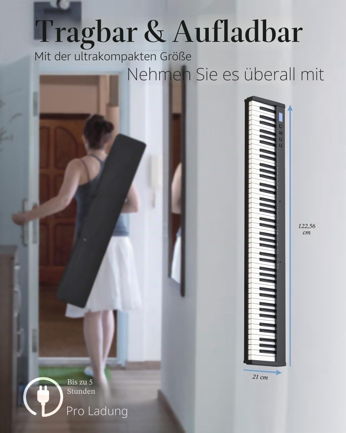【Keyboard Piano Set mit Ständer】Longeye 88 Tasten E-Piano, Semi-Gewichtet, Kompakt und Tragbar, mit Tragetasche, Notenständer und Sustain-Pedal, Schwarz (Slim-88)