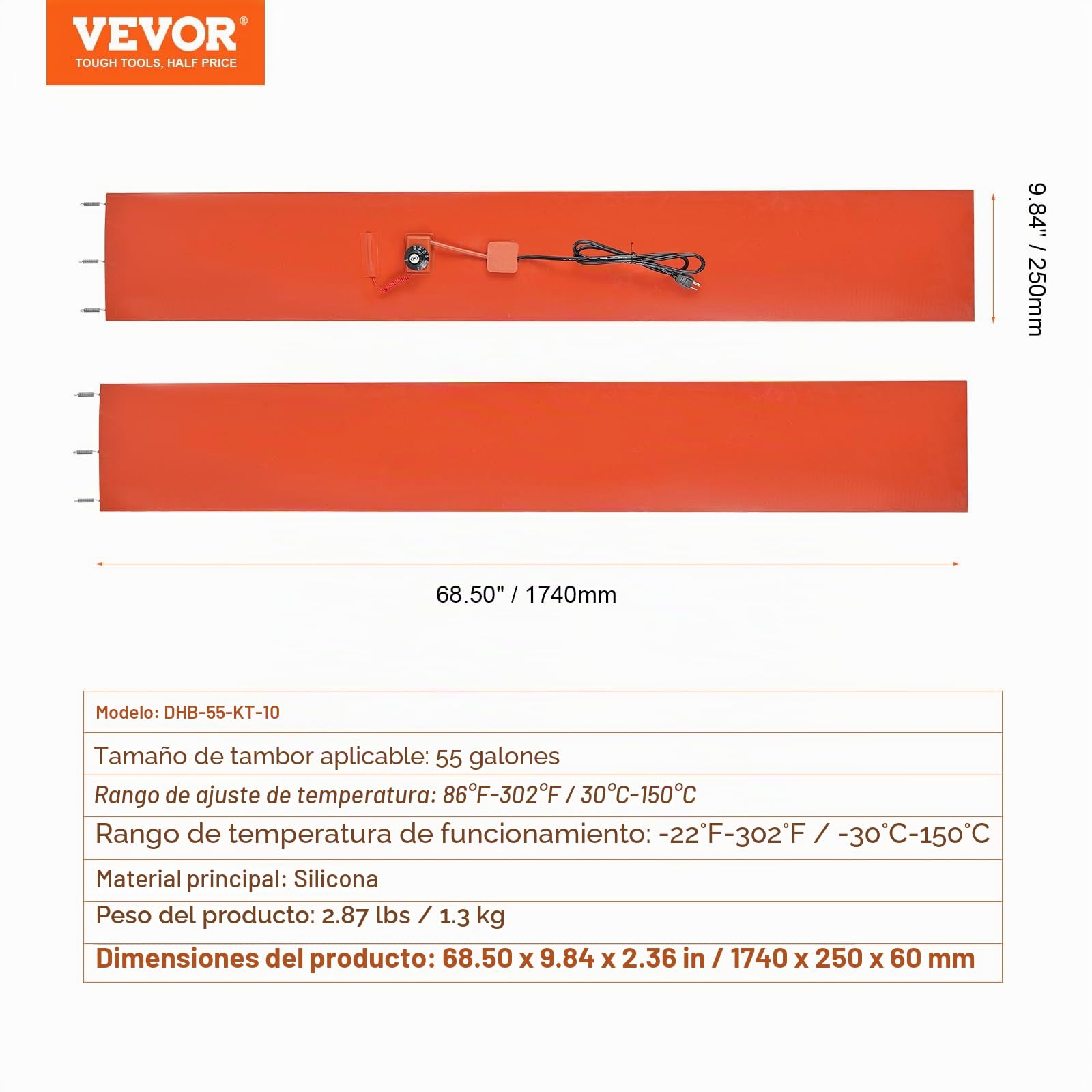 VEVOR Calentador de Bidón de Metal 1200W Correa Calefactora para Bidón 55 Galones Ancho 250mm Termostato Ajustable 30~150°C Correa Calefactora de Bidón de Grasa de Silicona Alta Eficiencia, Naranja