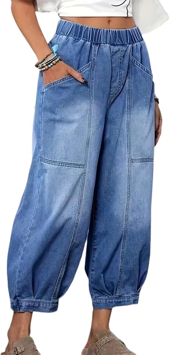 Damen Baggy Straight-Leg-Jeans Trendige Distressed Elastische Taille Lockerer Sitz Jeans Cropped-Hose