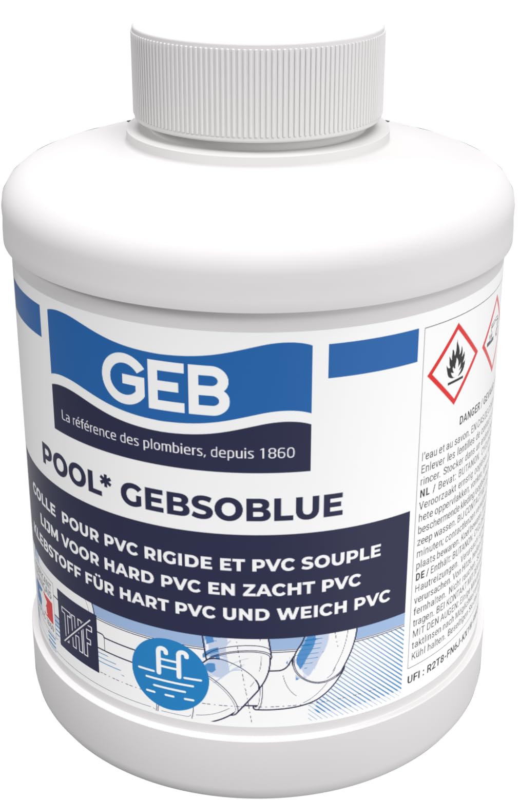 Gebsoblue - Pegamento de PVC especial para piscina jaccuzzi irrigación 500 ml para montar tuberías y accesorios de PVC