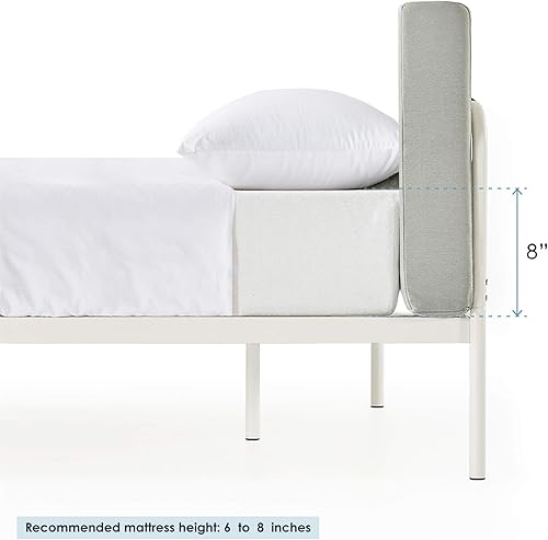 Miniatura 10 de Mellow Maggie - Cama de plataforma de metal con cabecera tapizada con cojín, listones de acero, fácil montaje, gris cielo, tamaño Queen Gris (Sky