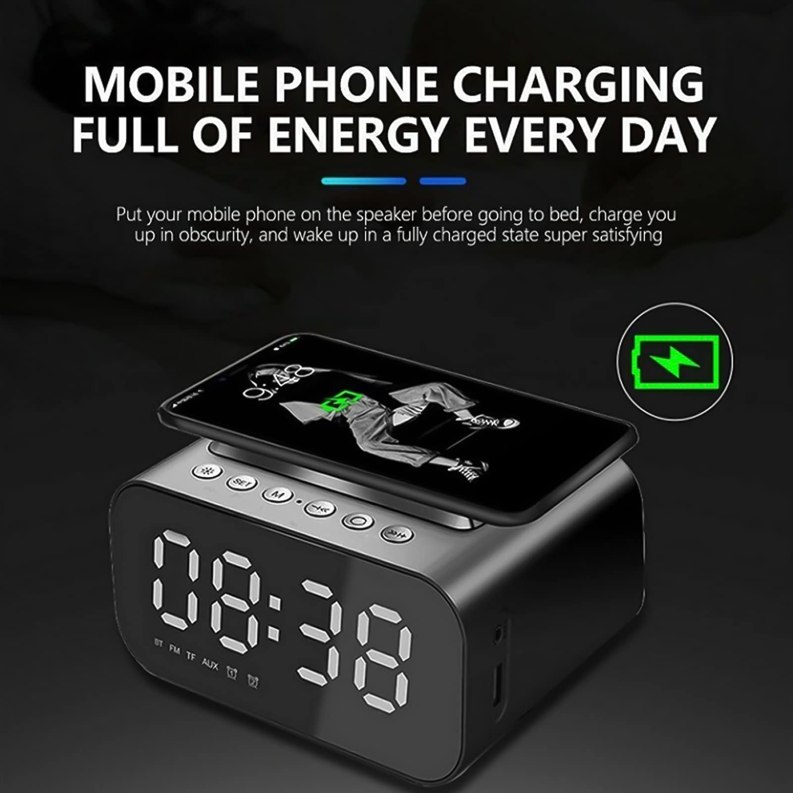 Sveglia con Caricatore Wireless, Altoparlante Multifunzione 4 in 1 LED Orologio da Tavolo Digitale Radio FM Funzione Snooze