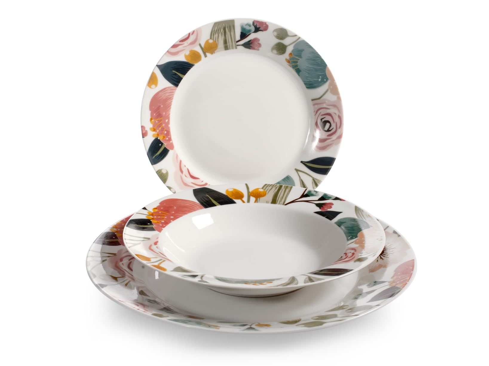 H&H Servizio Tavola 18 Pezzi Peony in Porcellana Decorata – Piatti Piani, Fondi e Frutta – Lavabili in Lavastoviglie – Adatti a Microonde – Eleganza e Stile per la Tavola