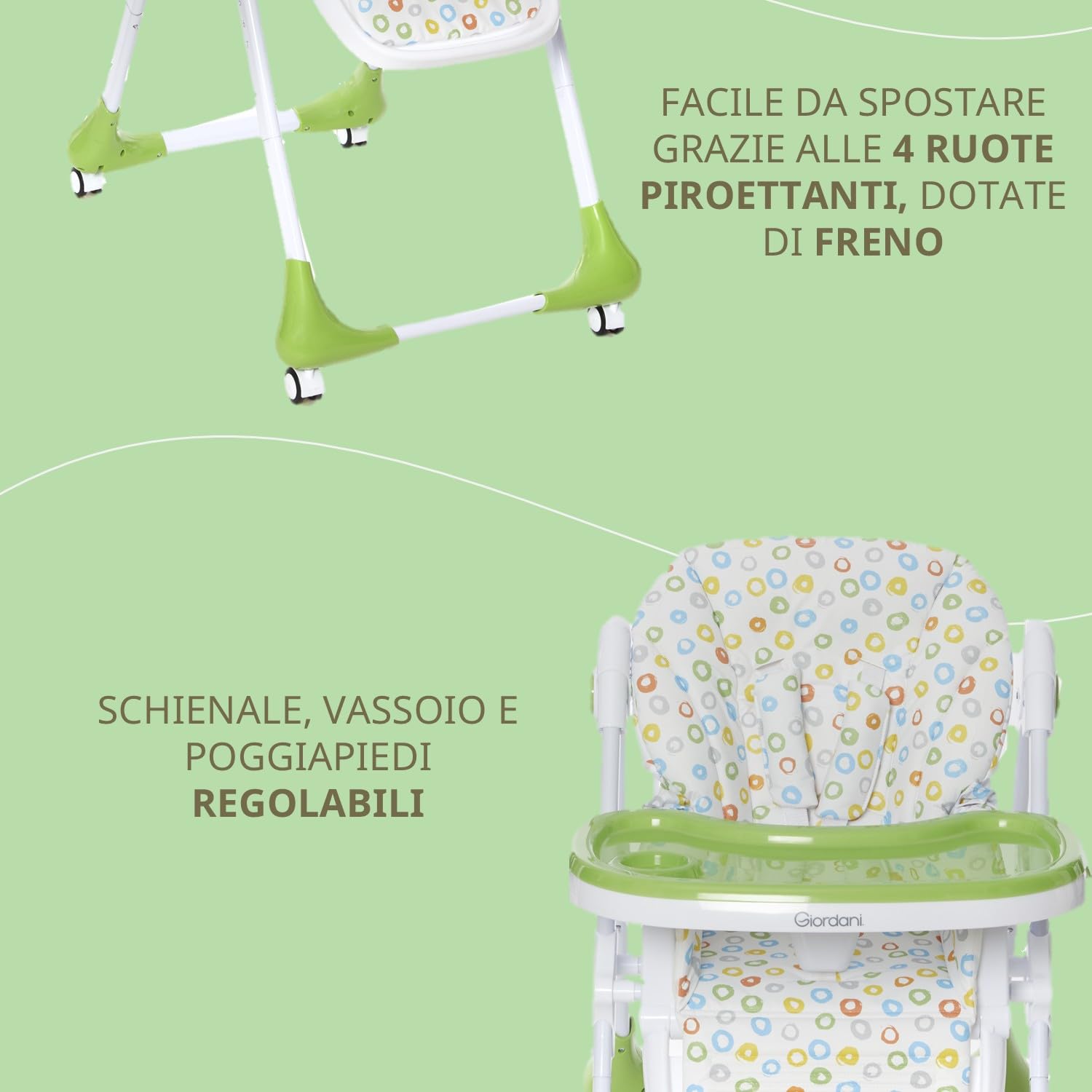 Giordani G-Snack Seggiolone Pappa 6 Mesi - 15kg, Altezza Regolabile in 7 Posizioni, Schienale e Poggiapiedi regolabili, 4 Ruote con Freno, Chiusura Compatta Salvaspazio e Doppio Vassoio Lavabile