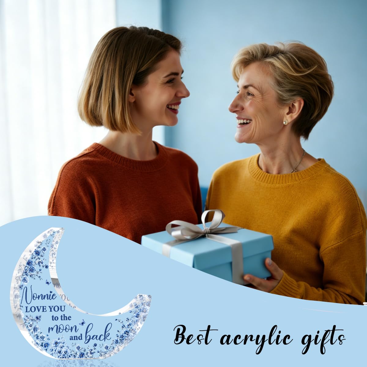 Nonnie Gifts, Mothers Day Birthday Gifts for Grandma, Moon Acrylic Desk Decorations, Retirement Appreciation Gift for Women Granny Nana, Blue Floral Acrylic Plaque for Office Bedroom Decor