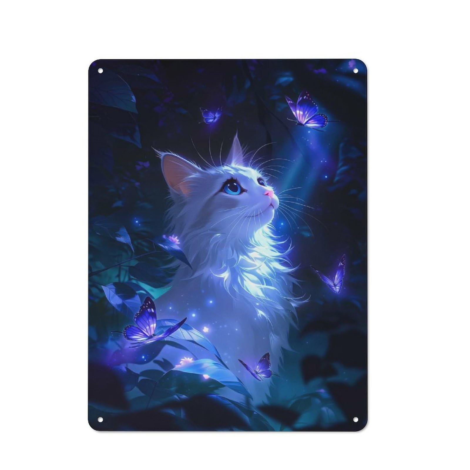 Junmoney Style-20 White Cat With Blue Butterflies Printed Metal Sign 40X30cm For Studio Or Craft Room, A Decorative Gift For A Newly Furnished Studio And Craft Room