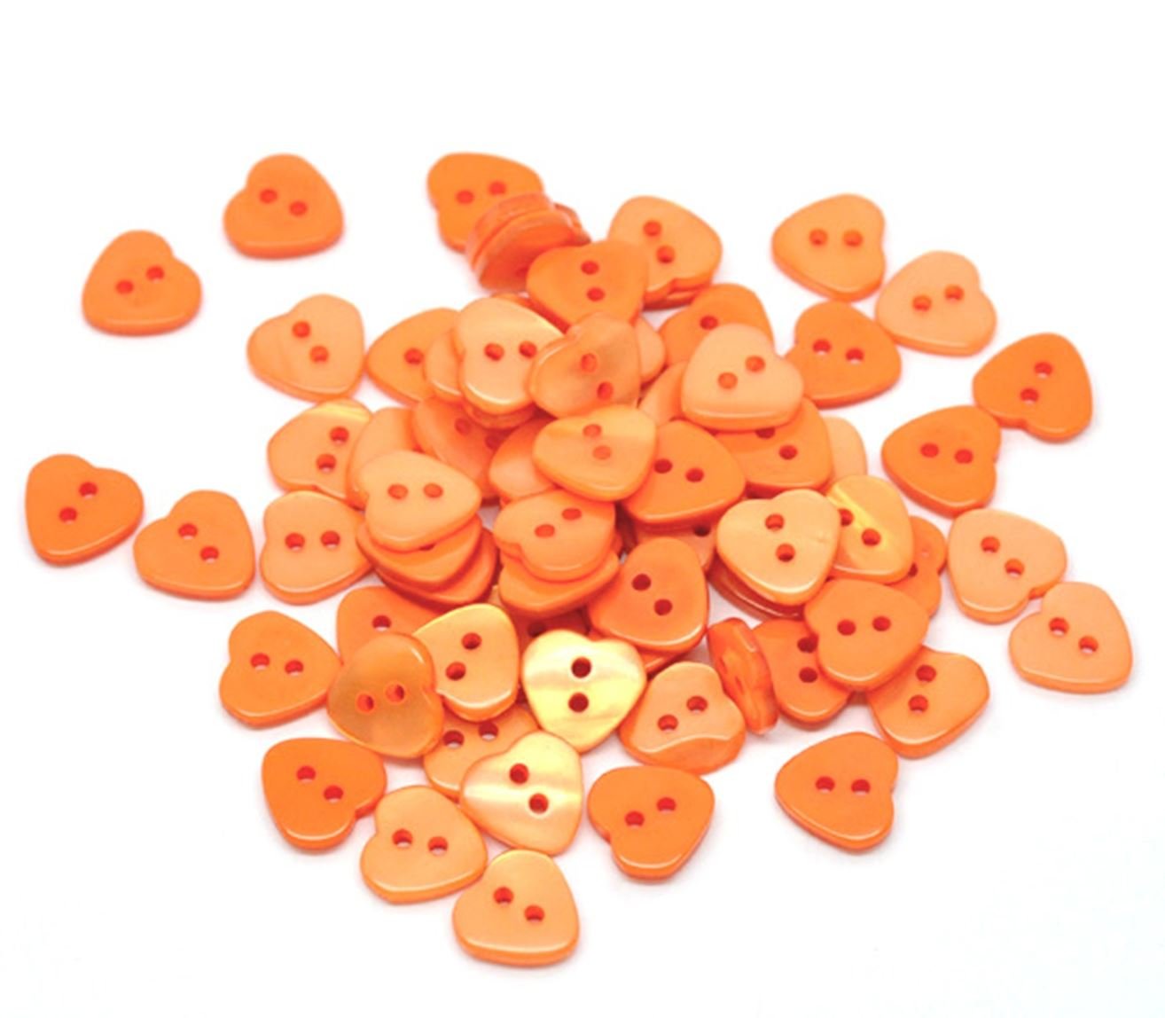 200 x Orange 11mm x 12mm Resin Heart Shape Buttons for Clothes, Art and Card Decoration.