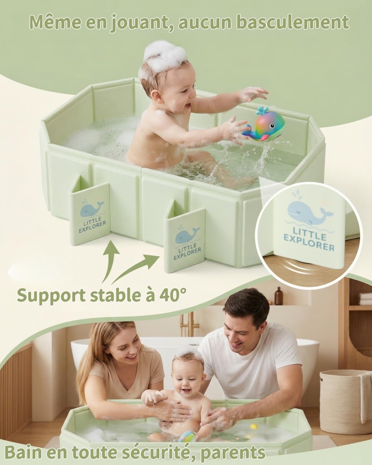 Baignoire pliable pour bébé de 0 à 6 ans, baignoire portable pour enfants avec 4 pieds de soutien, base antidérapante et deux trous de drainage, baignoire de voyage peu encombrante (vert clair)