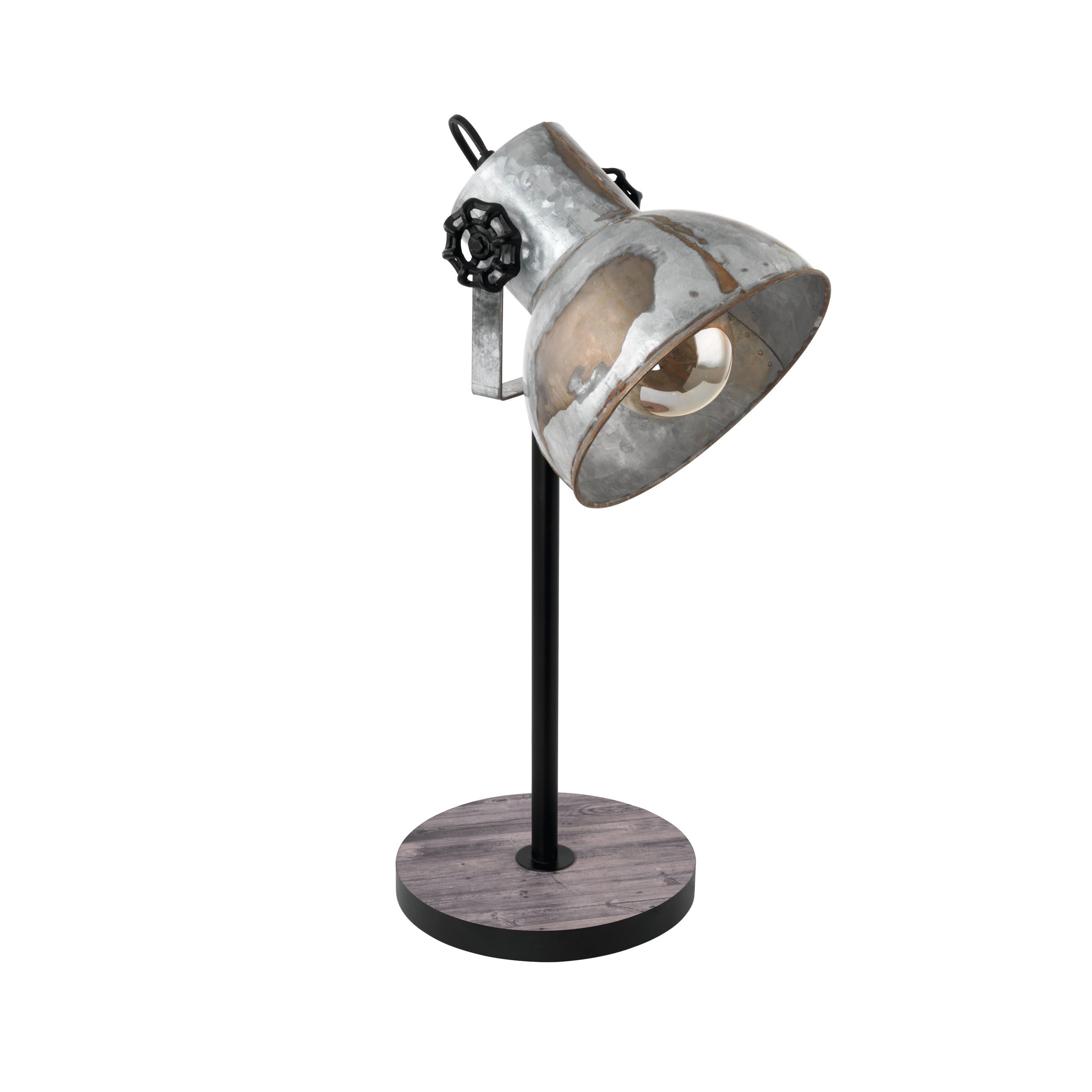 EGLO Tischlampe Barnstaple 1 flammige Vintage | Tischleuchte im Industrial Design, Retro Nachttischlampe aus Stahl im Zink Used-Look, Holz, Rostoptik, schwarz, E27 Fassung