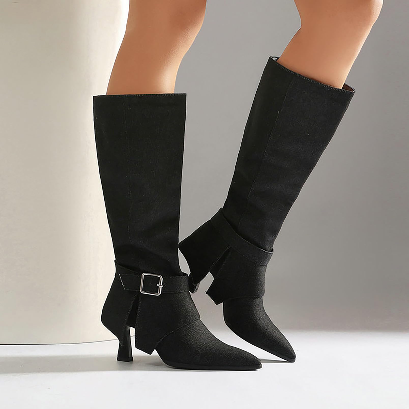 Generico Stivali Donna Alti Scarpe PU Tacco Largo Moda Casual Autunno Inverno