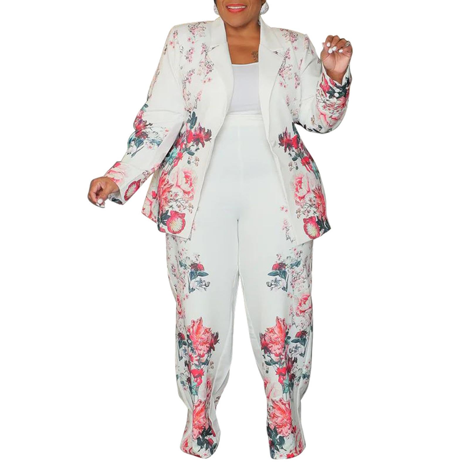 Womens Plus Size 2 Piece Floral Printed Outfits Soft Lightweight Open Front Long Sleeve Blazer Pants Suit Sets