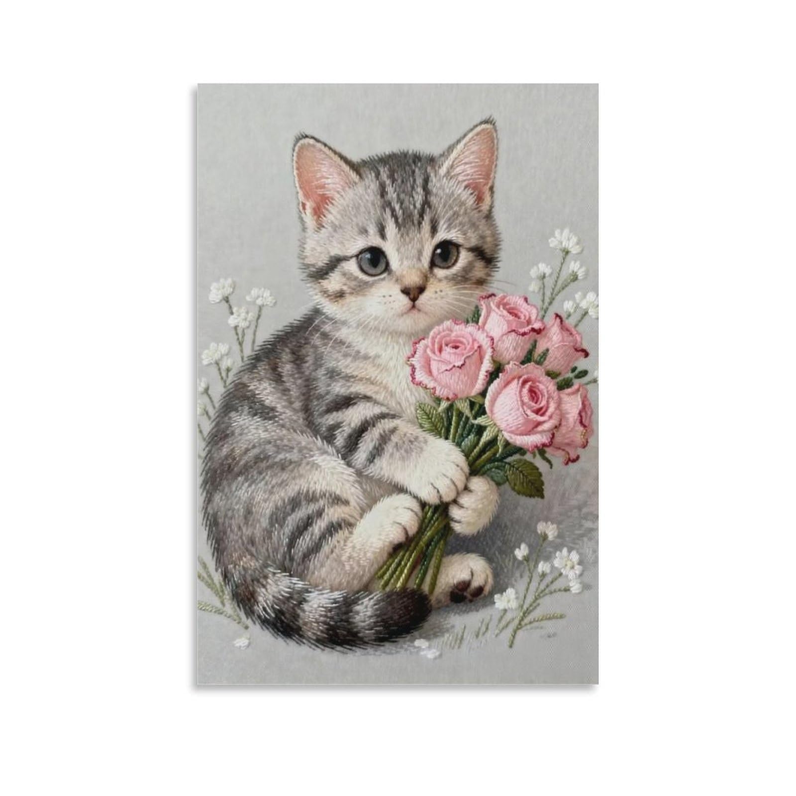 IEJKLUVWX Tabby Cat Pink Roses Wall Decor Cute Kitten Fade-Resistant Easy to Install Moisture Resistant for Above Bed Living Room Home Decor Lover Modern 20x30inch(50x75cm)