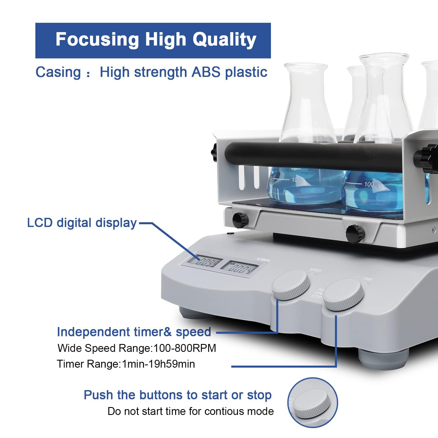 Agitador orbital digital, 100-800 rpm, temporizador de 1 min-19 h59 min, pantalla LCD dual, carga de 2,5 kg, para matraces de laboratorio y placas de Petri
