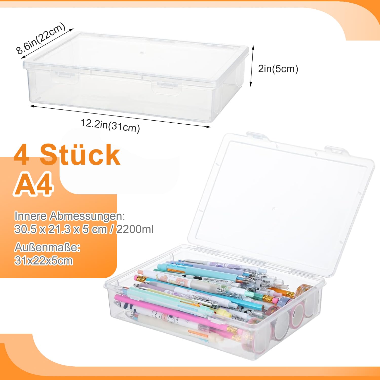 ENUTROF Pudełka na pliki przezroczyste 32 x 22,5 x 5 cm 4szt. Prostokątne pudełka plastikowe z klapką do przechowywania książek, papieru do scrapbookingu, czasopism