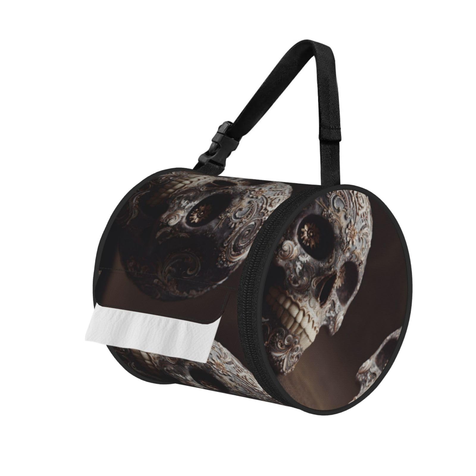 Dead Sugar Horror Skull Printed Cylindrical Tissue Bag Portable Oxford Cloth, Foldable Travel Tissue Holder With Zipper And Adjustable Belt