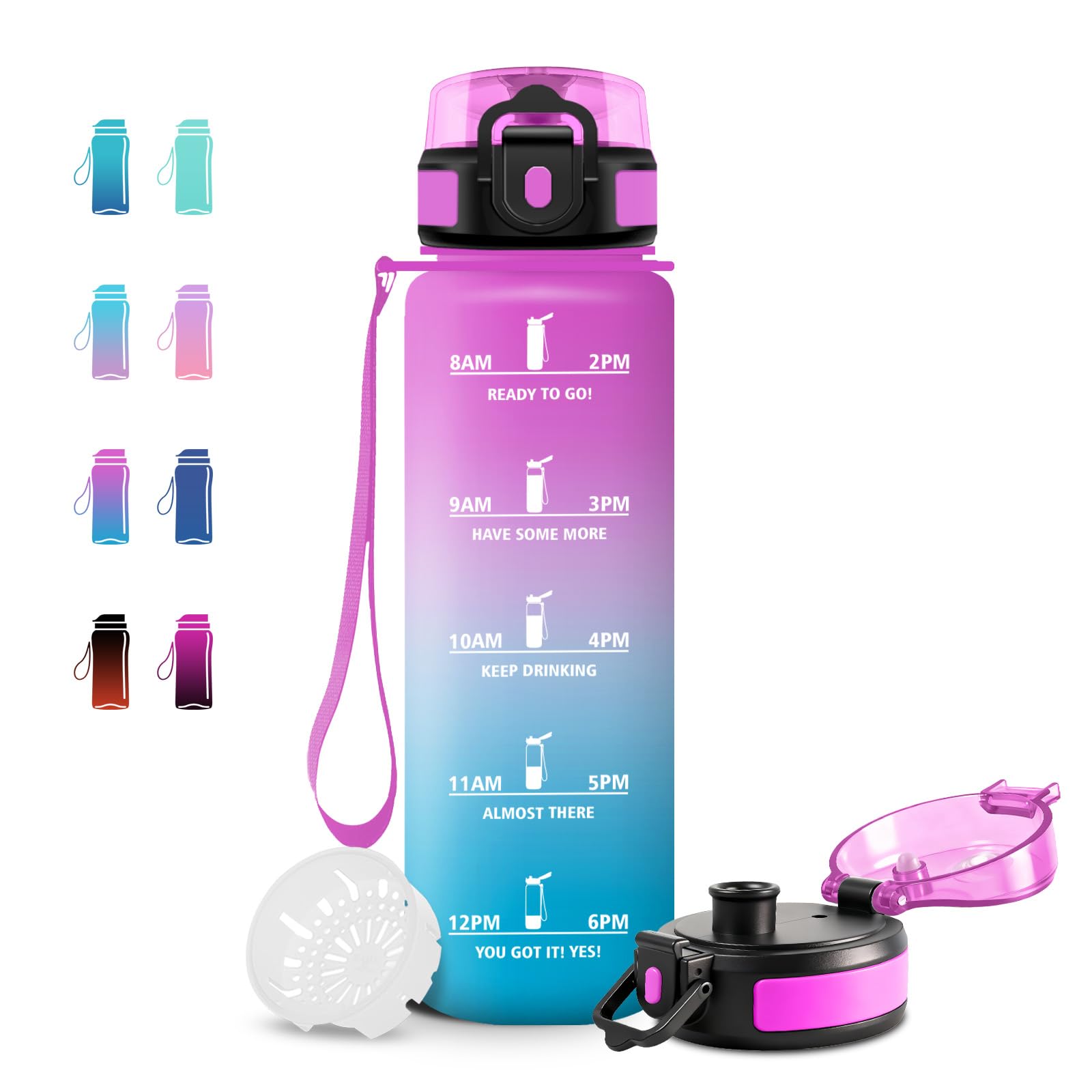 JAPORIA 1L Water Bottle with Filter and Time Markers, Reusable Bottle, Motivational Water Bottles for School, Office, Yoga