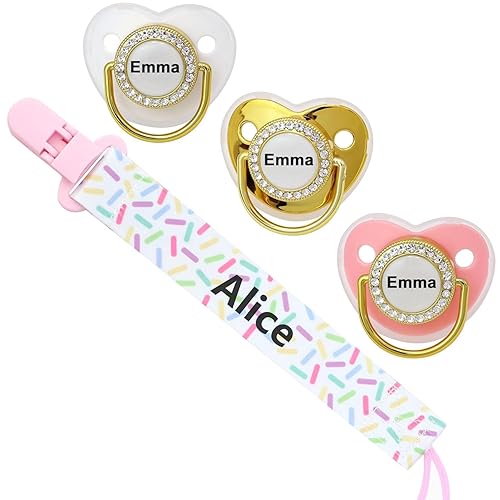 Juego de chupetes personalizados con nombre, sin BPA, dorado, plateado, rosa, oro rosa, lujoso, regalo ideal para recién nacidos (rosa)